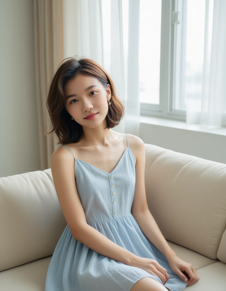 Japanese young woman, (Lovely), (Natural Lighting),
(Upper Body),(), (Dynamic Angle),
Sundress,
indoor, Transparent curtains, Linen Sofa, luxury accessories,
Long Bob hairstyle,boom