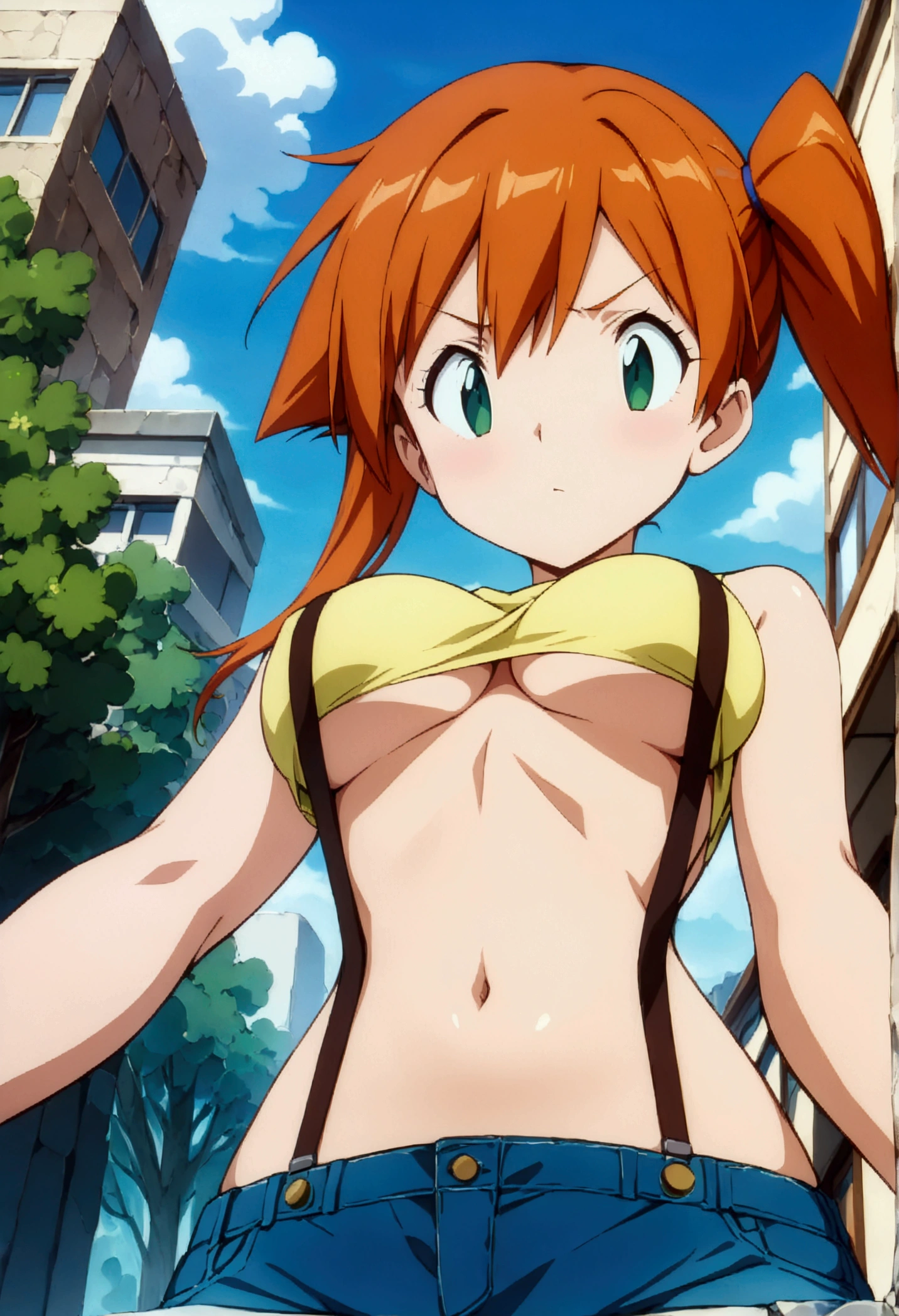 score_9,score_8, score_7_.superior,from front,below view,macro lens. (Insect's Eye).,, masterpiece,bestquality, Highest quality, (mature) ,(One girl), Outdoor, Green Eyes, Orange Hair, Side Ponytail, Yellow Shirt, Sleeveless shirt,belly button, Denim shorts, suspenders, Captivating look, Seductive expressions, slender, delicate curves, ,(under_boob),(superfineillustration,finely detail),(absurdres),(shirt pull:1.3),(hands up),