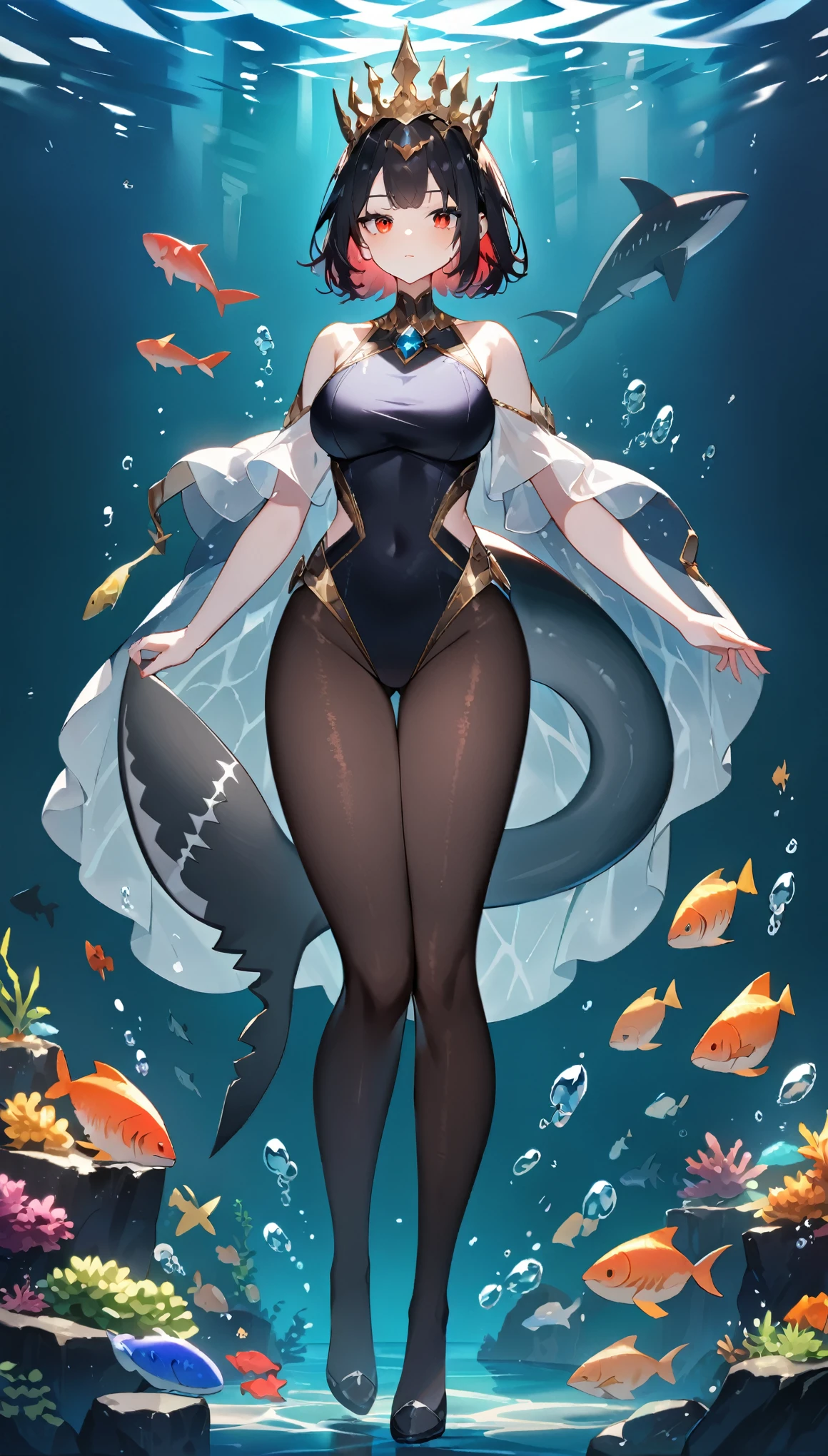 A queen stands，The underwater world，Black short hair，Red eyes，Full figure，Black pantyhose，Jewelry swimsuit，Black shark tail，Full body view