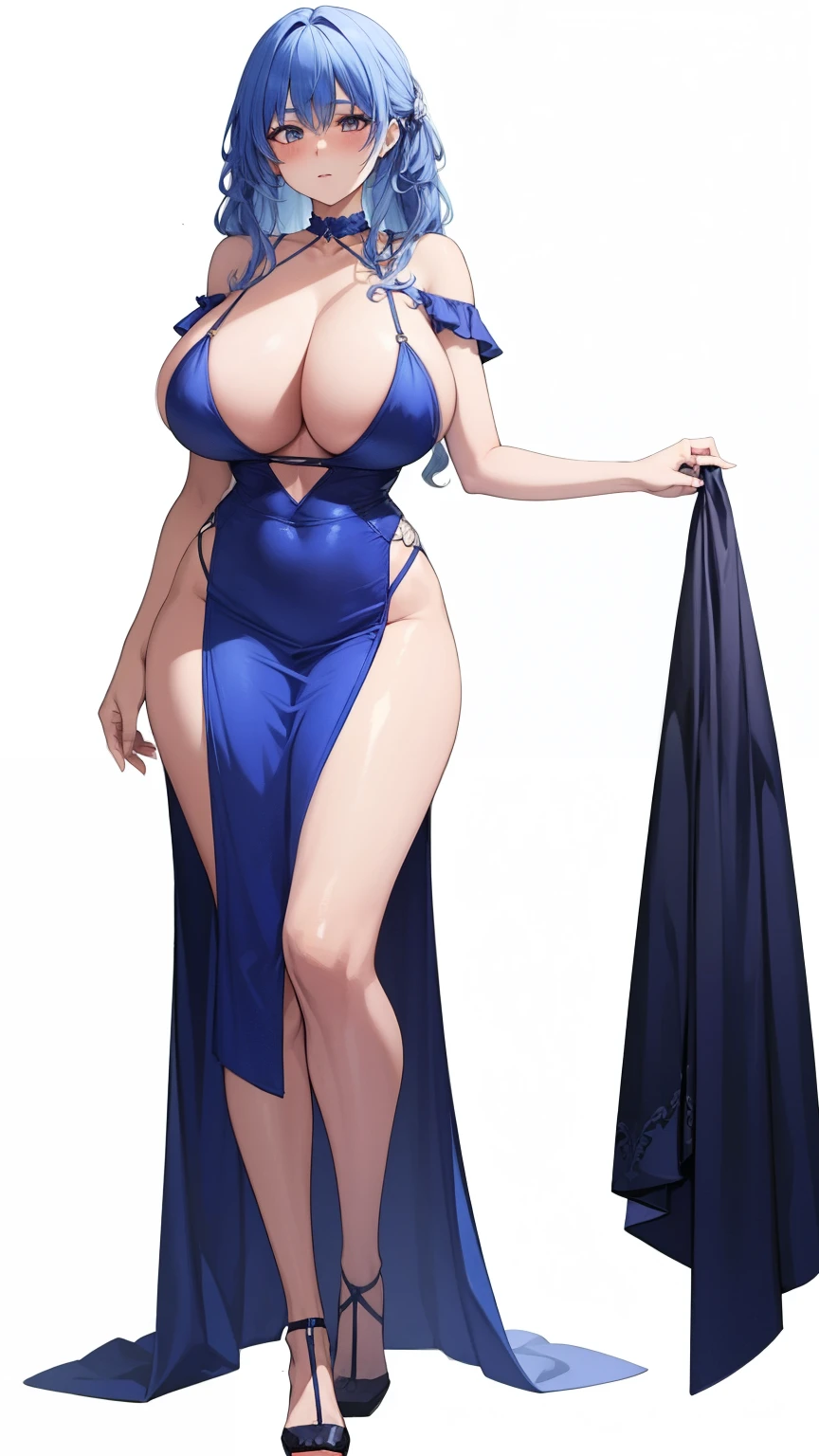 adult woman, huge breasts, long legs, tight dress, blue hair, different colored eyes, sexy pose, 8k, hd, white background, full body,