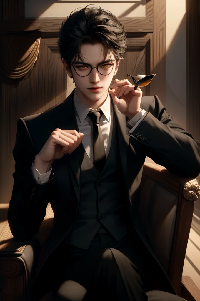 (masterpiece,best quality,ultra_detailed,highres,absurdres) (detailed shadow) (quality light),1 mature male, 21 years old, korean male focus, solo, mid-length black hair, (yellow eyes), ancient temple background, full body, looking at viewer, parted lips, round eyewear, (wearing black suit with tie), (wearing thin glasses), showing a bit of muscles, devilish smirk face.