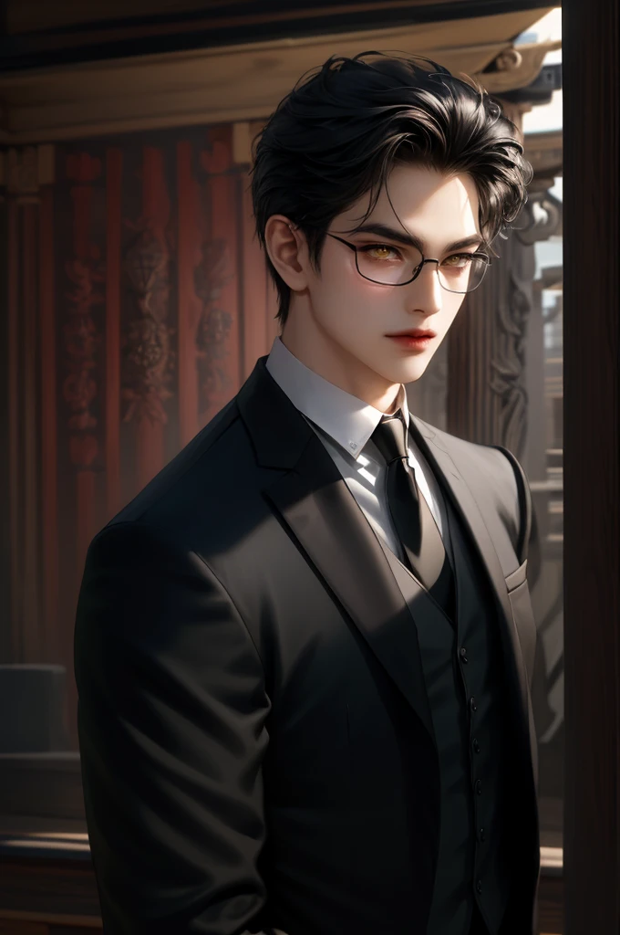 (masterpiece,best quality,ultra_detailed,highres,absurdres) (detailed shadow) (quality light),1 mature male, 21 years old, korean male focus, solo, mid-length black hair, (yellow eyes), ancient temple background, full body, looking at viewer, parted lips, round eyewear, (wearing black suit with tie), (wearing thin glasses), showing a bit of muscles, devilish smirk face.