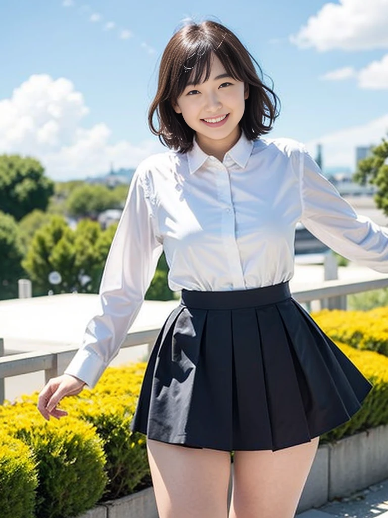 18Year old girl、A uniform skirt fluttering in the wind、Beautiful feet、cloud、((Thighs, thighs, thighs))、Big ample breasts、smile、White shirt、Wide open chest、(Butt)、short hair、 information