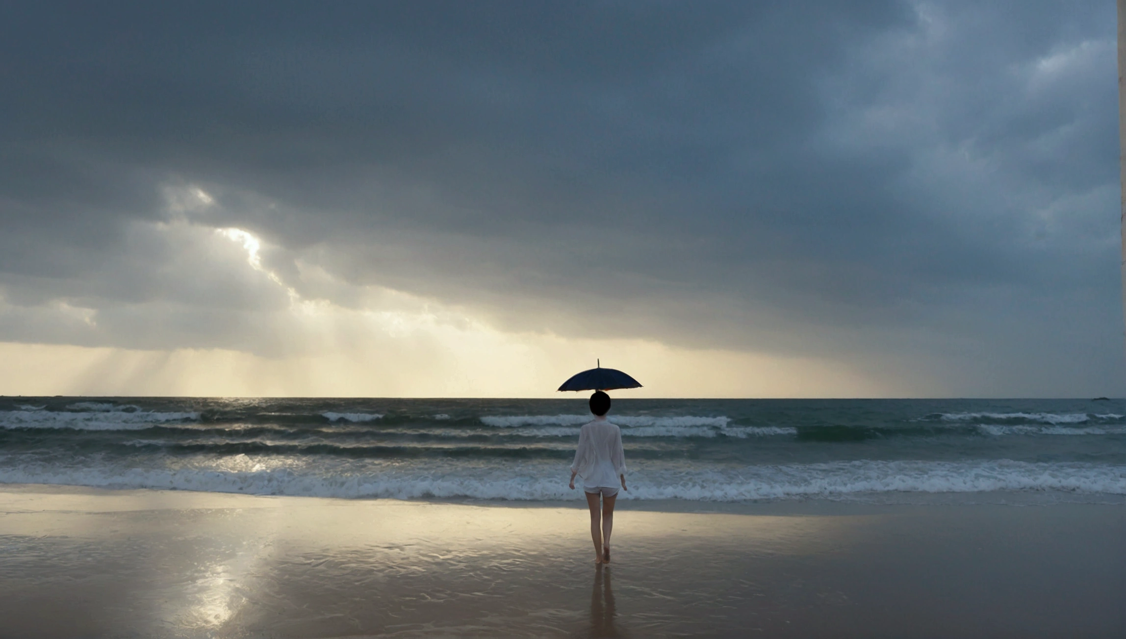 8k, realistic, lifelike photo, Realistic appearance of nature, beach at sunset, pale light, umbrella, rain, 36 year old Korean woman, short medium hair, tower, white shorts endless beach. from a distance with a wide angle lens , waves crashing, Clear picture quality, 검은 umbrella을 쓰고, walking on the beach, 검은 umbrella을 쓰고 해변을 걷는