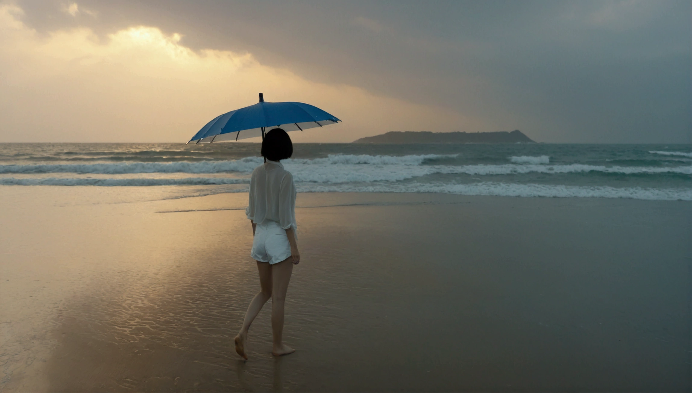 8k, realistic, lifelike photo, Realistic appearance of nature, beach at sunset, pale light, umbrella, rain, 36 year old Korean woman, short medium hair, tower, white shorts endless beach. from a distance with a wide angle lens , waves crashing, Clear picture quality, 검은 umbrella을 쓰고, walking on the beach, 검은 umbrella을 쓰고 해변을 걷는