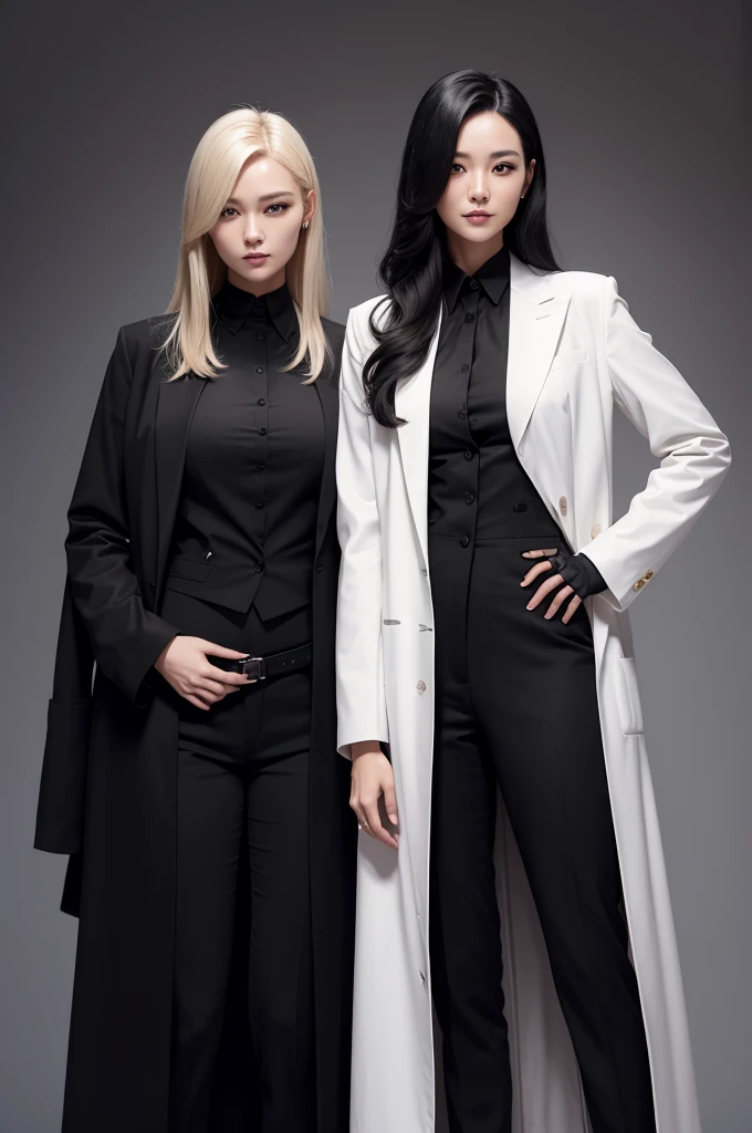 A tall woman with long black hair with a serious face in an all-black suit next to a short woman with short blonde hair and a lab coat with a smile on her face
