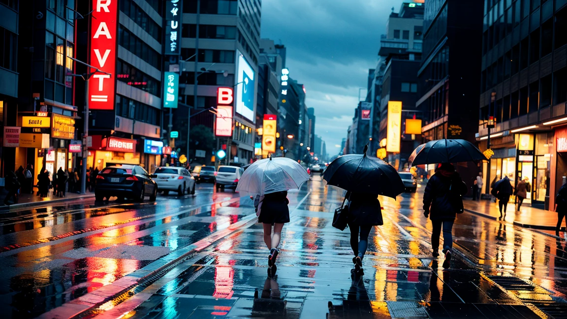 8k、Tabletop、RAW Photos、Highest quality、Real、非常に詳細なCG Unity 8k壁紙、Depth of written border、Cinematic Light、Lens flare、Ray Tracing、Rainy street corner、People walk on the sidewalk、The car is driving on the road、(((People are holding umbrellas)))、The road is2lane、(((The sign is in English)))