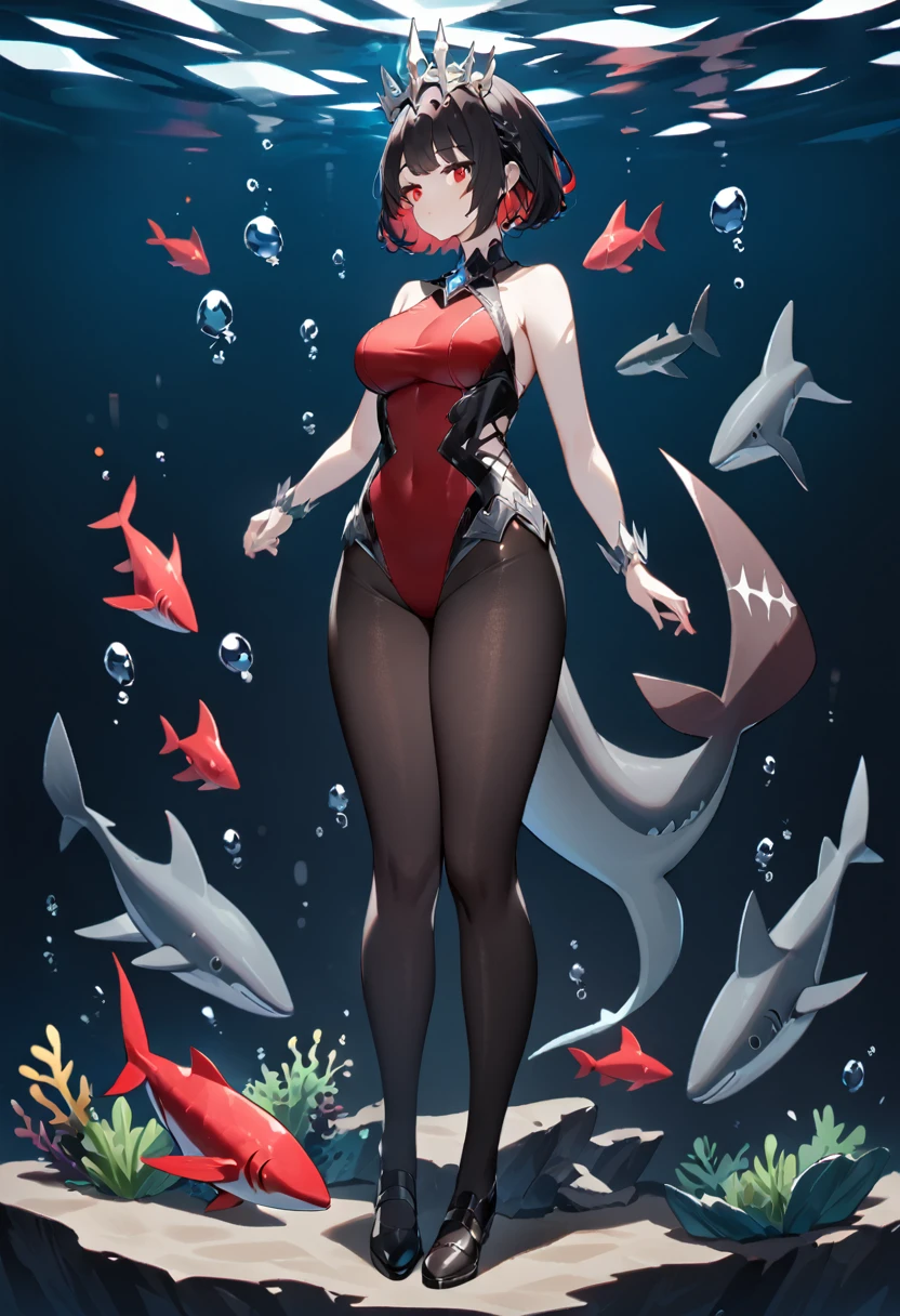 A queen stands,The underwater world,Black short hair,Red eyes,Full figure,Black pantyhose,Red Gem Swimsuit,Black shark tail,Full body view