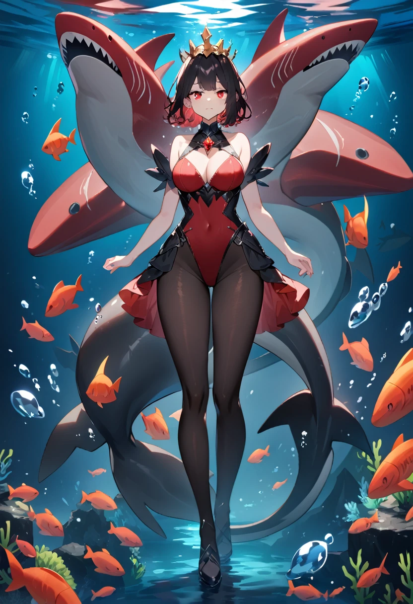 anime, 1 women, 20 year old women, ((two toned hair)), black and orange hair, twin tail hair, underwater city, swim suit, fish fins in hair