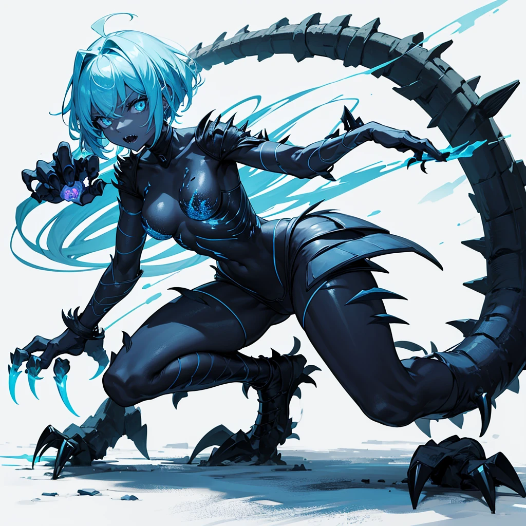 wild human girl with a robust and slim body with a long whip tail and sharp rock-shaped dorsal plates of short light blue hair with 2 electric blue glowing crocodile eyes and a monstrous mouth full of sharp teeth with 2 arms with hands with 4 toes with claws and 2 muscular legs with feet with 3 toes with claws, black bioluminescent skin with electric blue lightning-shaped cracks throughout the body