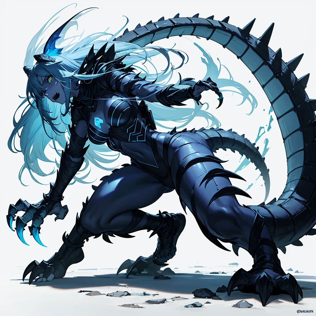 wild human girl with a robust and slim body with a long whip tail and sharp rock-shaped dorsal plates of short light blue hair with 2 electric blue glowing crocodile eyes and a monstrous mouth full of sharp teeth with 2 arms with hands with 4 toes with claws and 2 muscular legs with feet with 3 toes with claws, black bioluminescent skin with electric blue lightning-shaped cracks throughout the body  