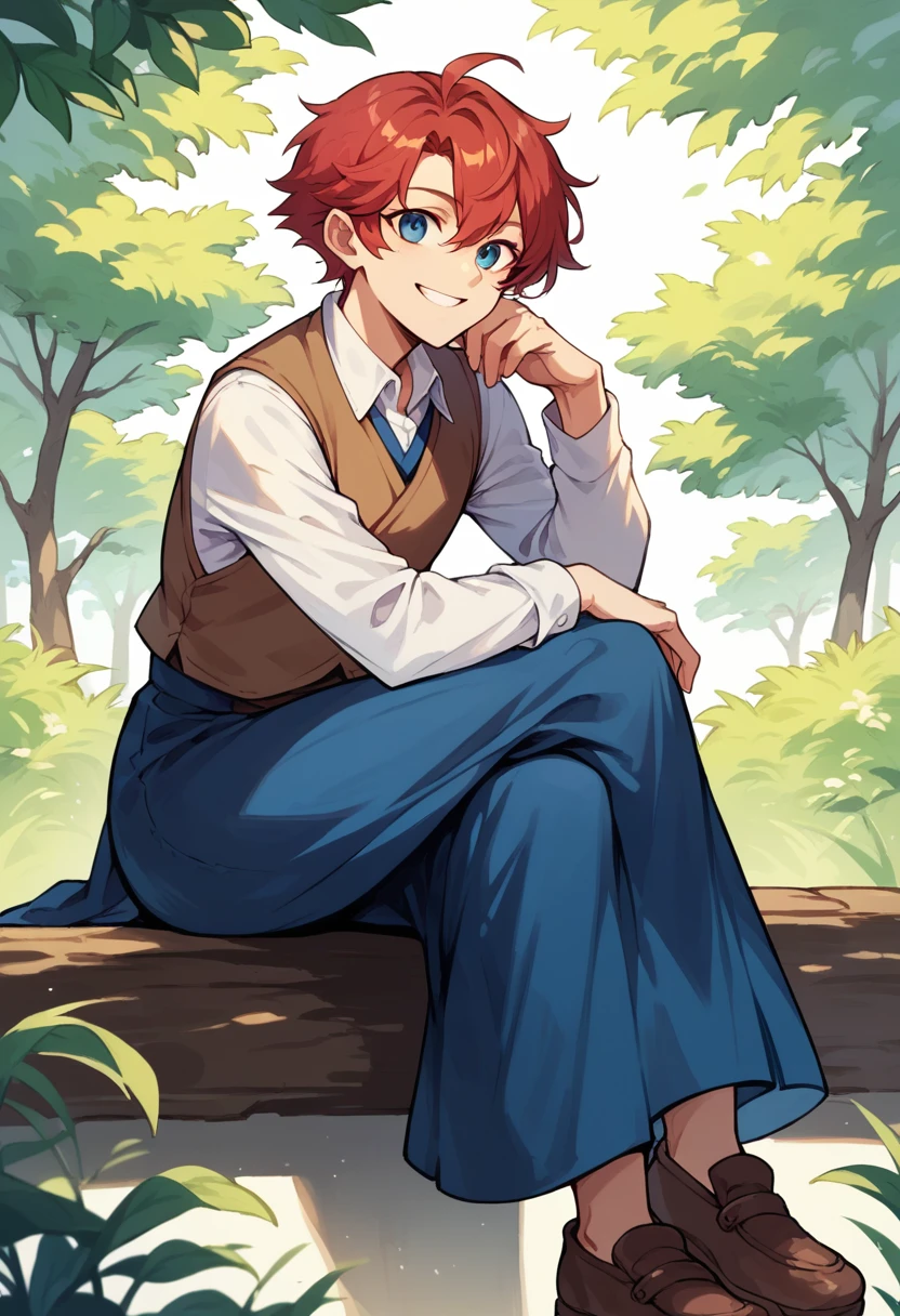 sitting, crossed legs, wood, looking at viewer, smile, red hair, white sleeves, brown vest, blue skirt, brown shoes, long skirt