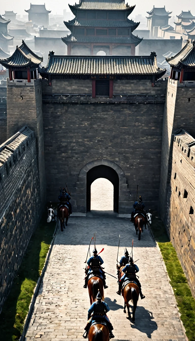 A squad of cavalry，Enter the towering city walls，Chinese City Gate