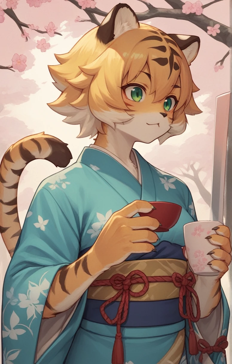 ((masterpiece,cute,Tiger Girl,kimono,A Cup,Fighter)),((Sword in right hand,The left hand is bare hand)),Japanese Style,alone,kemono,Cat girl,Female furry,Background crop,humanoid cheetah,Fantasy,