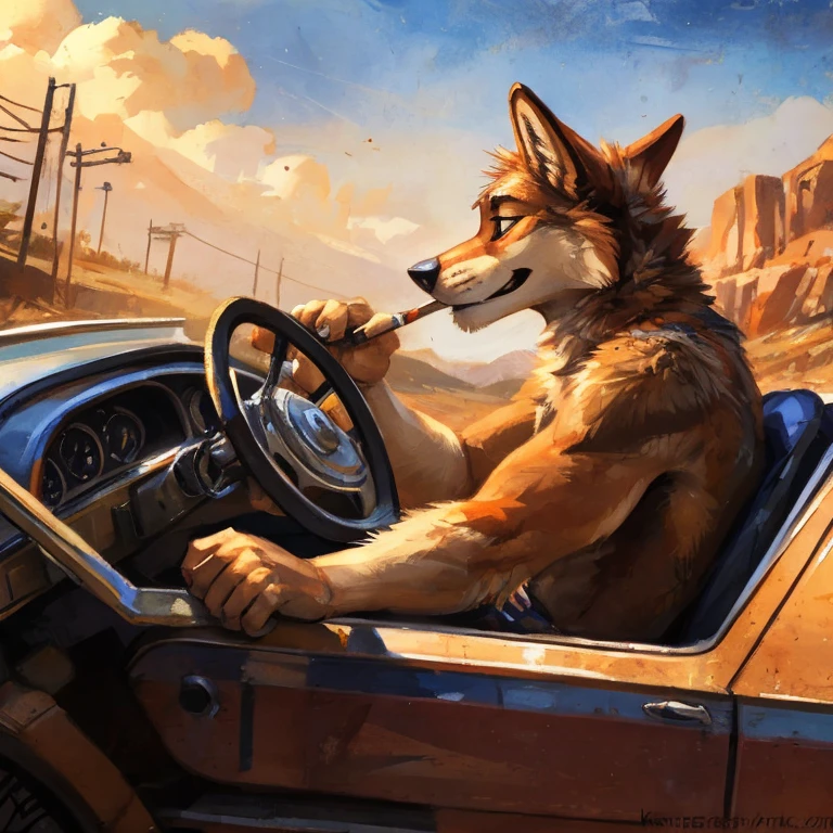 Solo, Coyote, driving a classic car, On Route 66, smoking, drinking beer, mystikfox61, By kenket