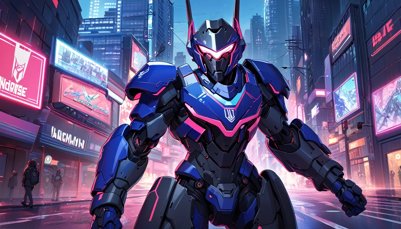 Mech suit ready for battle, in the middle of the street,, Vancouver, high-quality artwork, metal armour, intense lighting, cityscape background, heroic pose, dramatic shadows, deep black suit with red neon lights, hockey helmet with blue visor, video game, blue electric fists, futuristic synth wave