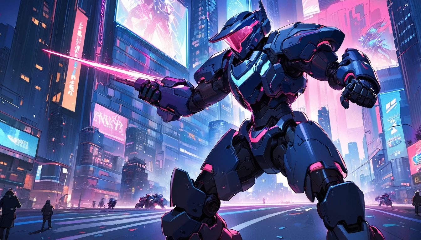Mech suit ready for battle, in the middle of the street,, Vancouver, high-quality artwork, metal armour, intense lighting, cityscape background, heroic pose, dramatic shadows, deep black suit with red neon lights, hockey helmet with blue visor, video game, blue electric fists, futuristic synth wave