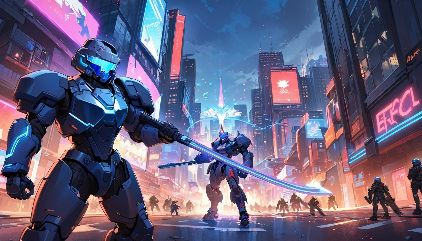 Mech suit ready for battle, in the middle of the street,, Vancouver, high-quality artwork, metal armour, intense lighting, cityscape background, heroic pose, dramatic shadows, deep black suit with red neon lights, hockey helmet with blue visor, video game, blue electric fists, futuristic synth wave