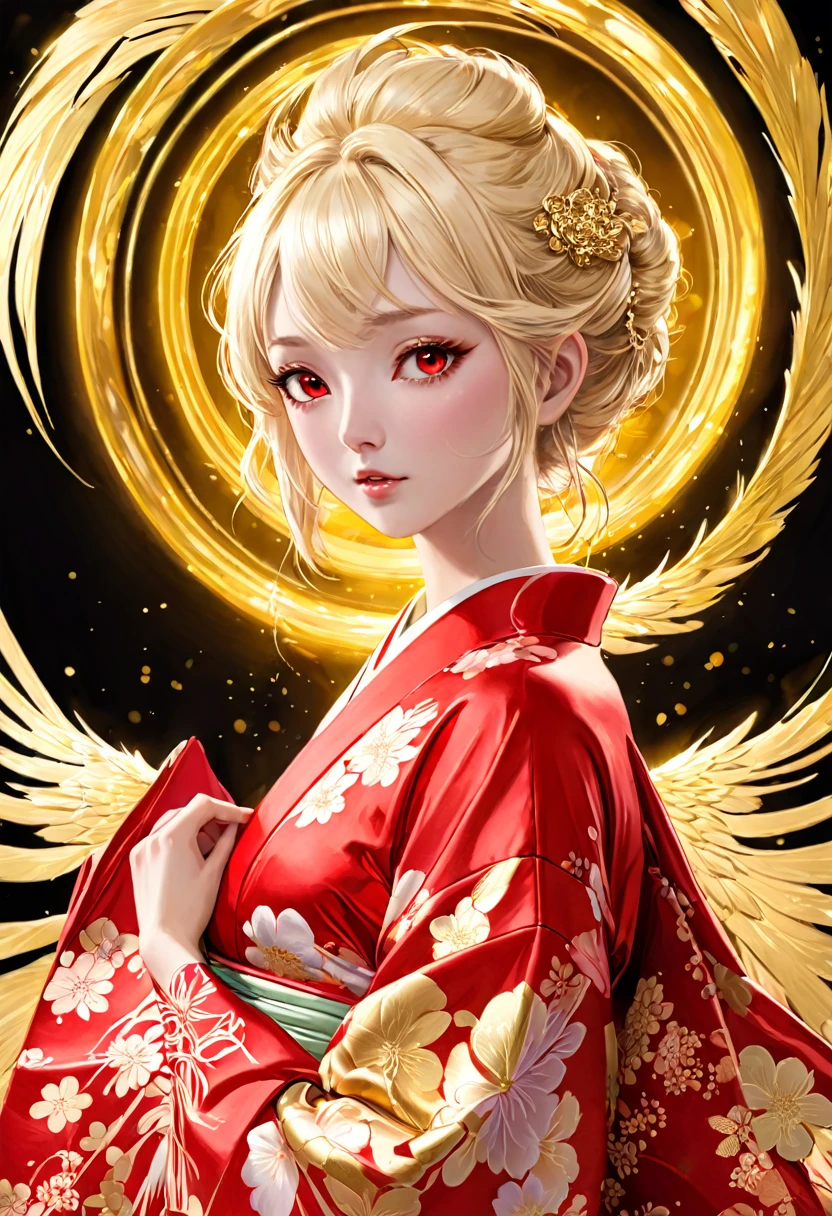 goddess、gold、kimono、red eyes, shine, gold, love