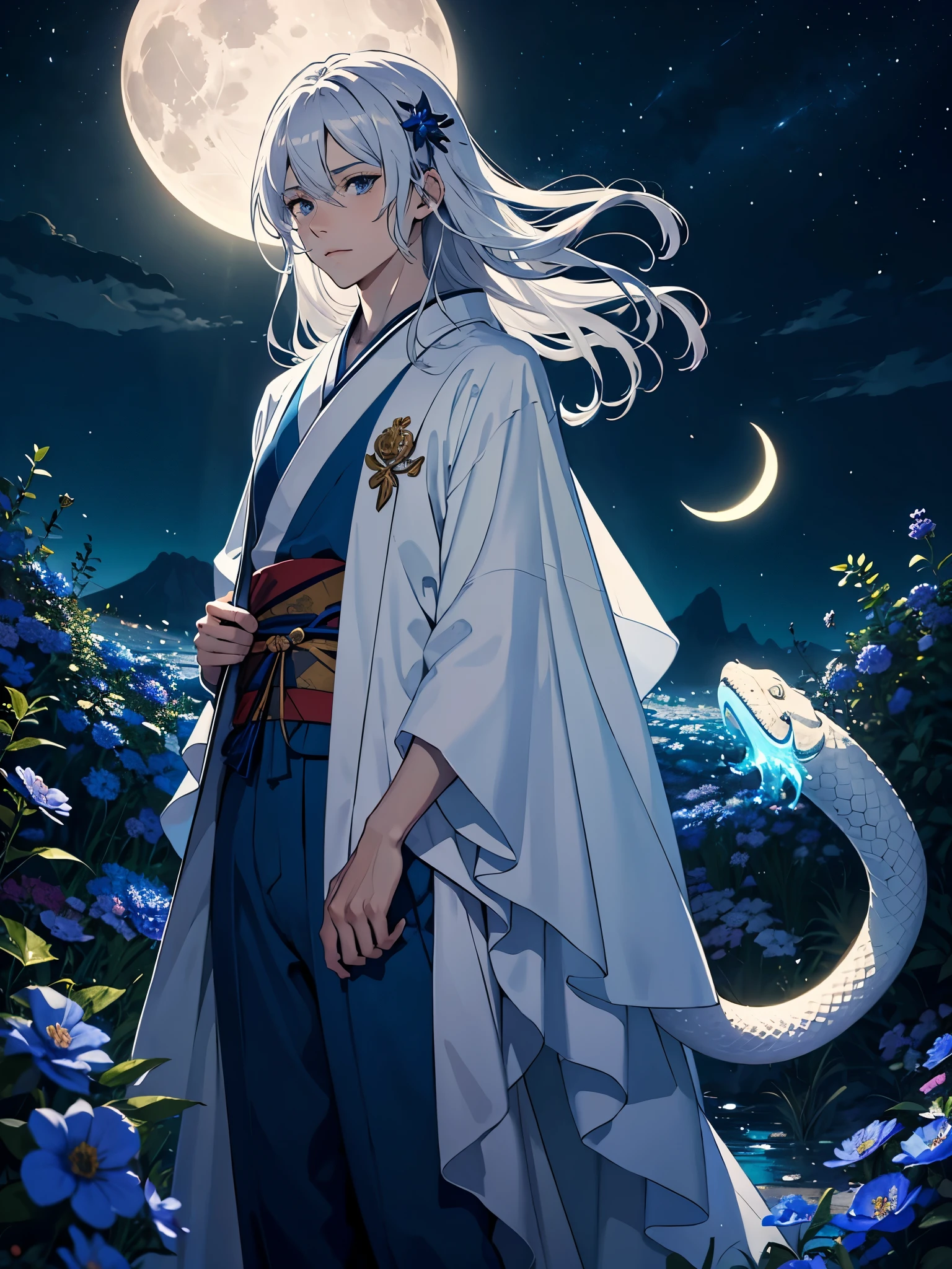 Holding a snake. Kimono blau. Jünger. Blue Clothing. Lightening flowers. More anime. male. Blue flowers. Long hair. long white hair. aquatic, boy, God of the Moon, silver hair accessories, White hair, White dress, cape, at night.