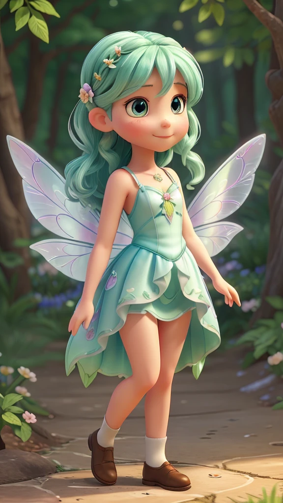 Create a half-body 3D model of a cute fairy girl. She should have delicate, ethereal features with big, expressive eyes and a sweet smile. Her hair should be long and flowing, possibly with some magical sparkle or light effects. She should have elegant, translucent wings with intricate patterns. Her outfit should be whimsical and charming, featuring a combination of natural elements like flowers and leaves, and a pastel color palette. The overall appearance should be enchanting and endearing, capturing the essence of a magical fairy. The model should be facing forward, designed to look like an avatar. Additionally, the focus should be on her face, with a close-up view to highlight her facial features.

