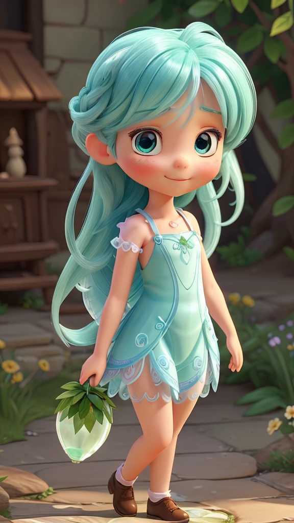 Create a half-body 3D model of a cute fairy girl. She should have delicate, ethereal features with big, expressive eyes and a sweet smile. Her hair should be long and flowing, possibly with some magical sparkle or light effects. She should have elegant, translucent wings with intricate patterns. Her outfit should be whimsical and charming, featuring a combination of natural elements like flowers and leaves, and a pastel color palette. The overall appearance should be enchanting and endearing, capturing the essence of a magical fairy. The model should be facing forward, designed to look like an avatar. Additionally, the focus should be on her face, with a close-up view to highlight her facial features.
