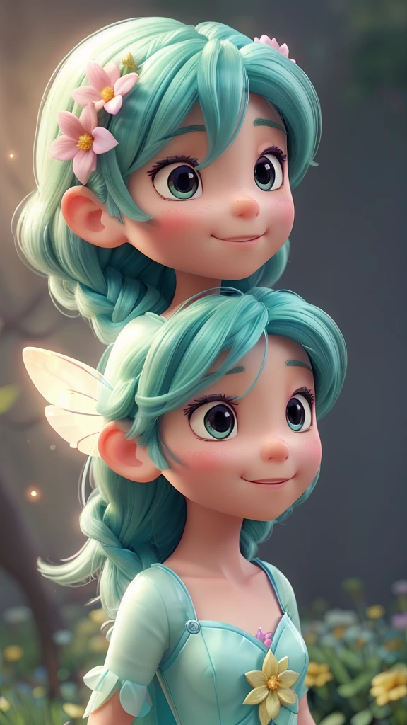 Create a half-body 3D model of a cute fairy girl. She should have delicate, ethereal features with big, expressive eyes and a sweet smile. Her hair should be long and flowing, possibly with some magical sparkle or light effects. She should have elegant, translucent wings with intricate patterns. Her outfit should be whimsical and charming, featuring a combination of natural elements like flowers and leaves, and a pastel color palette. The overall appearance should be enchanting and endearing, capturing the essence of a magical fairy. The model should be facing forward, designed to look like an avatar. Additionally, the focus should be on her face, with a close-up view to highlight her facial features.