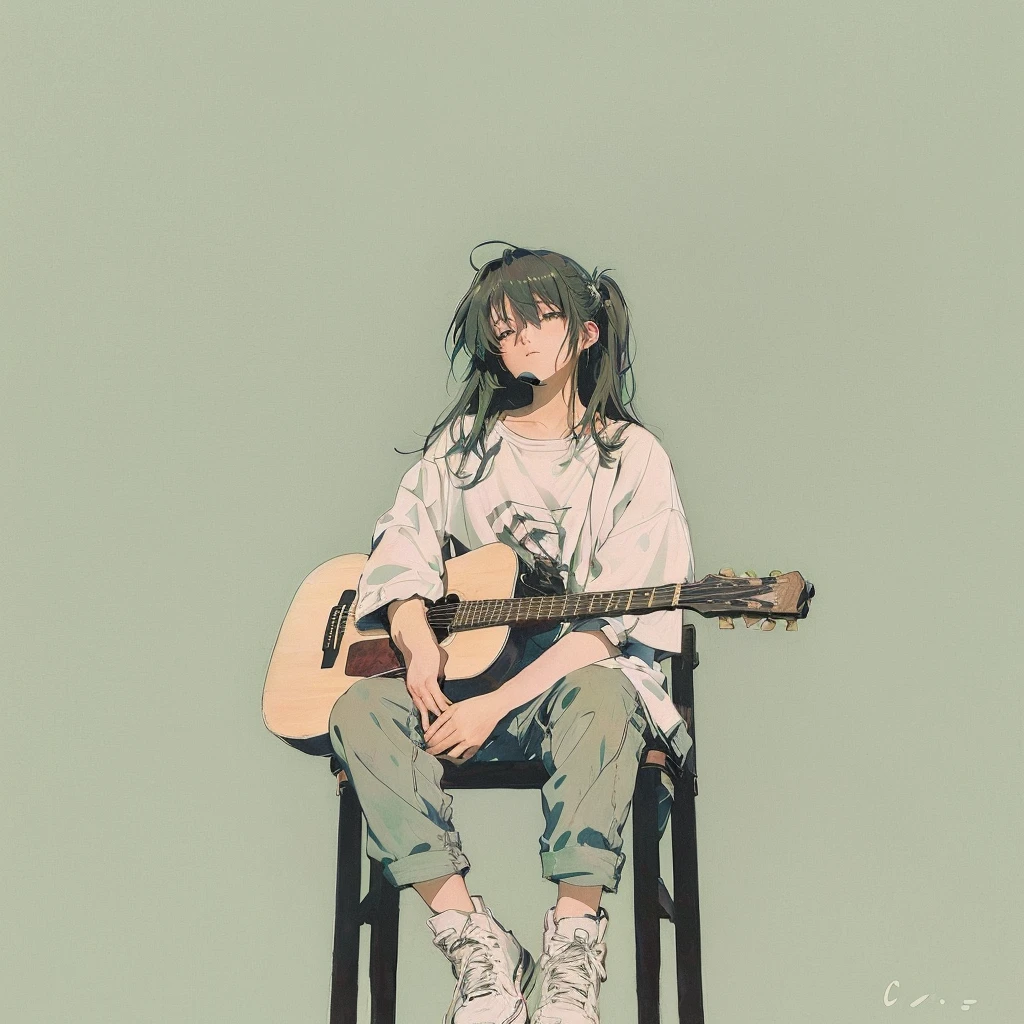 There is a picture of a man sitting on a chair with a guitar., Lo-fi Girl, Conrad Rothe and Makoto Shinkai, Anime atmosphere, Sad and calm atmosphere, Anime Aesthetics, Girl playing guitar, Low - Fi, Lo-Fi, Lo-Fi illustration style, Anime-style illustrations, Lo-Fi, Lo-Fiアートスタイル, Lo-Fiな感じ