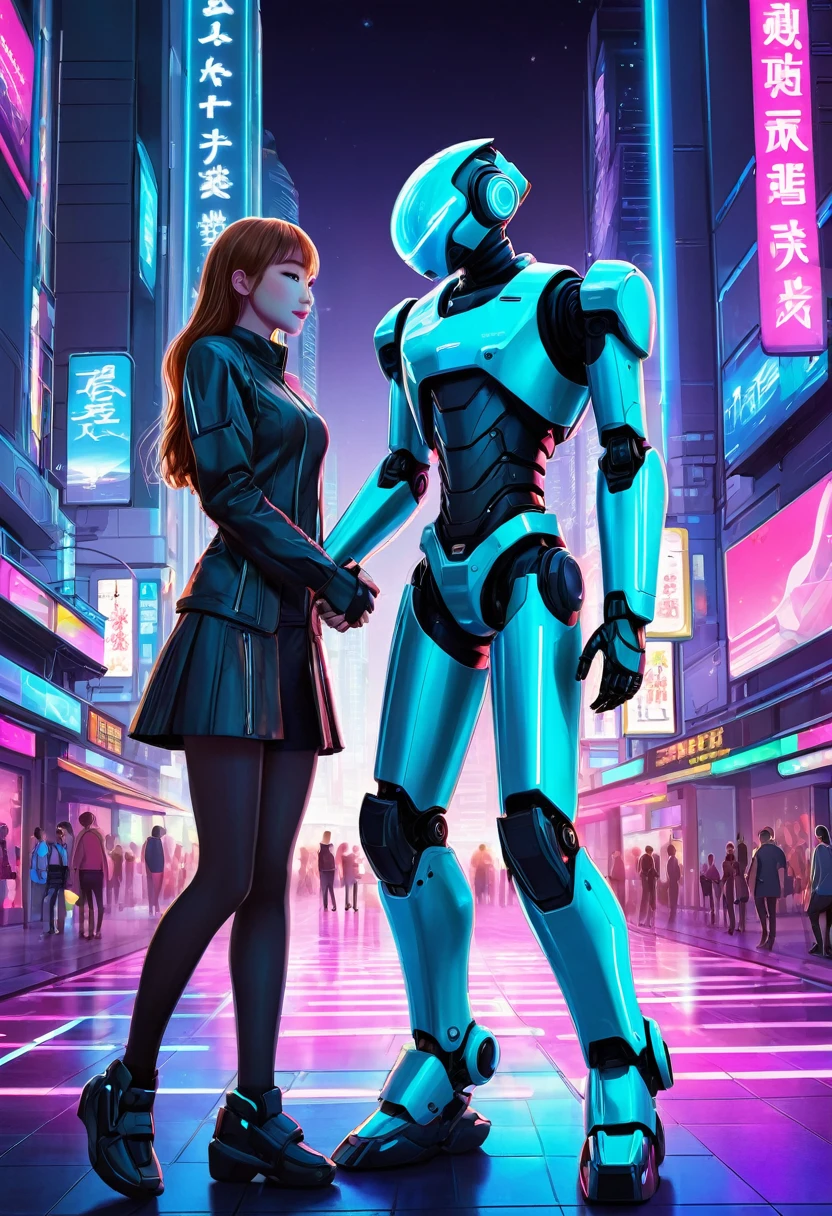 Create an anime-style illustration of a couple in love, set in a futuristic world where advanced technology and robots coexist with humans. The couple should be in a tender, affectionate moment, perhaps holding hands or embracing. The background should be a vibrant, bustling cityscape with sleek, modern architecture, neon lights, and holographic advertisements. Various robots should be visible, interacting with humans and performing everyday tasks. The couple's clothing should blend contemporary and futuristic fashion, with subtle technological accessories. The atmosphere should be romantic and warm, with soft lighting highlighting the couple's expressions of love and the advanced, yet harmonious, environment around them.