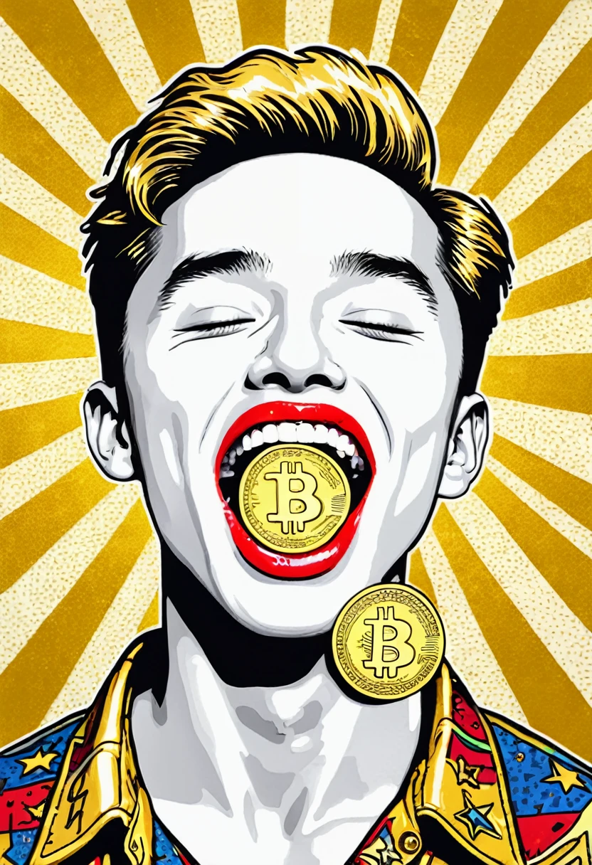 low quality、Pop Art、((One coin))、(Mouth only)、No eyes、No nose、Teeth are visible、gold、Logo、central、big、Background is white