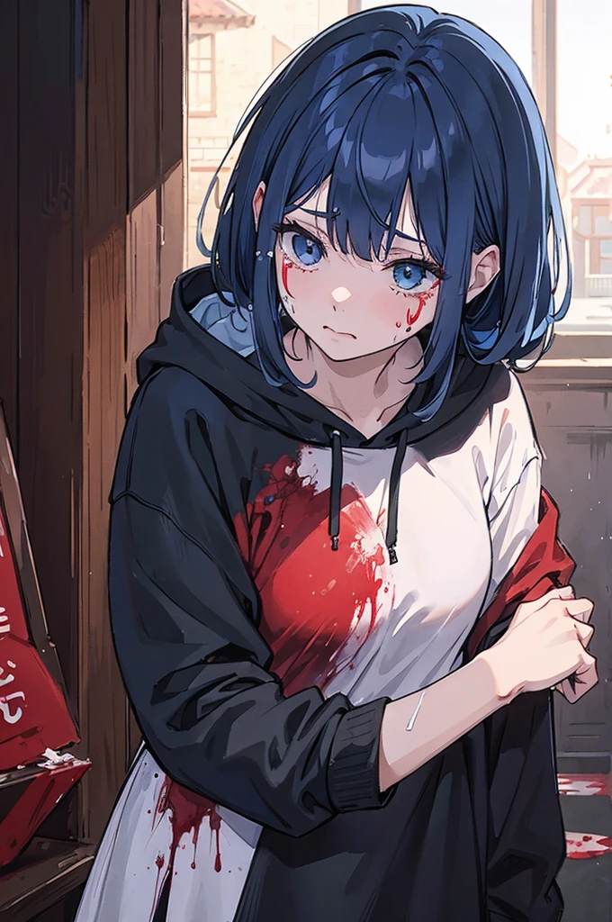 Crying, severely injured woman, blood spilled, blue hair, blood stained black hoodie