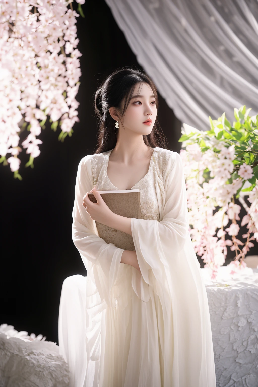 there is a woman in a white dress holding a book, white hanfu, palace , a girl in hanfu, inspired by Tang Yin, hanfu, inspired by Tang Yifen, wearing ancient chinese clothes, with acient chinese clothes, ethereal beauty, traditional chinese clothing, a stunning young ethereal figure, inspired by Gu An, a still of an ethereal
