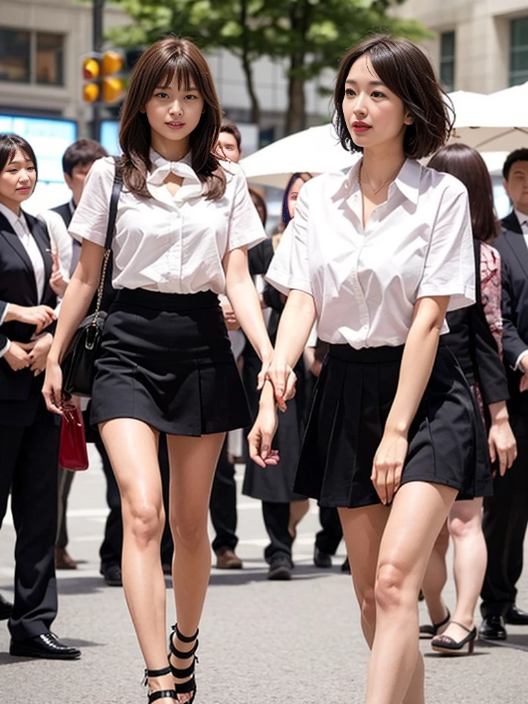(RAW Photos、Highest quality)、(Real、写真のRealさ: 1.3)、Highest quality、Very detailed、8k RAW Photos、Highest quality、masterpiece、Ultra-high resolution、3d、Real、1 girl、((Beautiful woman walking in the city))、Walking towards the audience、((Portrait))、Japanese women、Serious face、Black Hair、Black crew collar、short hair、nose、School uniforms、Natural skin texture、Light brown eyes、Detailed eyes and face、lips、lipstick、Beautiful legs、Huge breasts、(Detailed Background)、Checkered mini skirt、White shirt、Brown high heels、Huge breasts、Blurred Background、Short sleeve、whole body、Bright white lighting