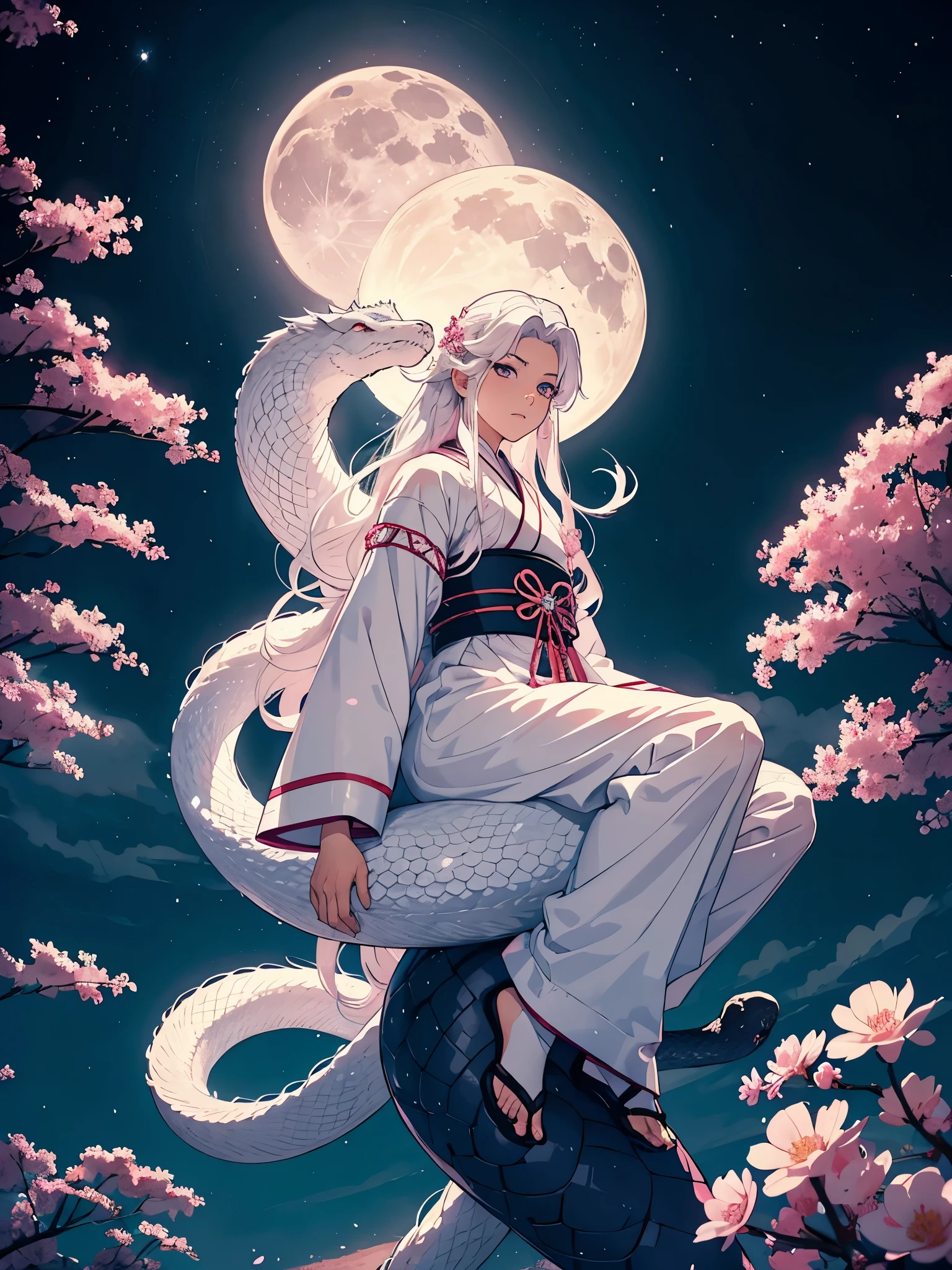 Riding a big snake. Männlich. Blaues Licht. Mann. Männlich. Boy. Tsukiyomi. japanese clothes. God of the Moon. long white hair. traditional clothing. divine. full moon. Pink flowers. at night.