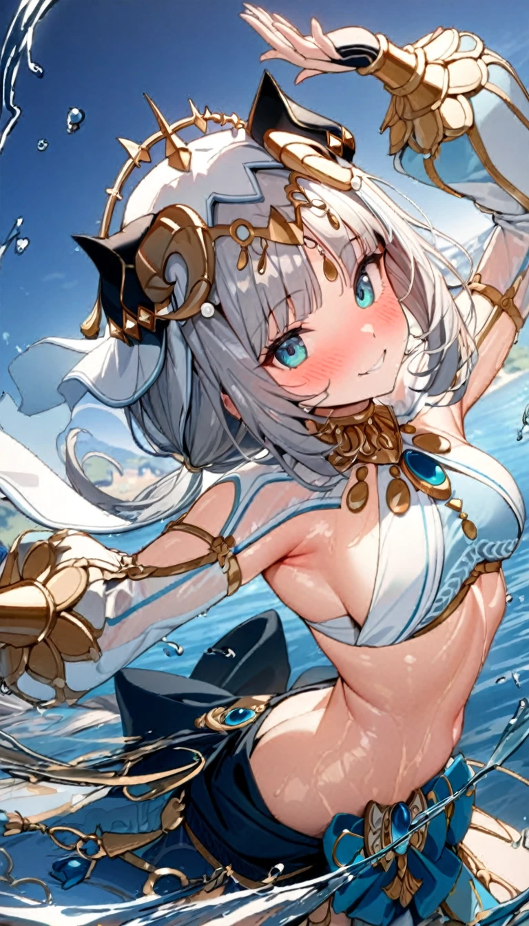 (((best quality)), ((masterpiece)), (details), masterpiece, best quality, high quality, ulutra detailed, perfect face, ((1girl, blue eyes, cat ears: 1.3 silver bob hair: 2.5,)) 、Shiny Hair、Glowing Skin、blush、nilou、lake、Splash、dance、smile