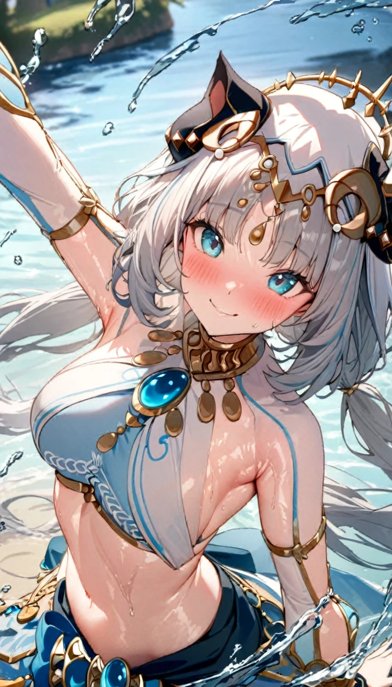 (((best quality)), ((masterpiece)), (details), masterpiece, best quality, high quality, ulutra detailed, perfect face, ((1girl, blue eyes, cat ears: 1.3 silver bob hair: 2.5,)) 、Shiny Hair、Glowing Skin、blush、nilou、lake、Splash、dance、smile