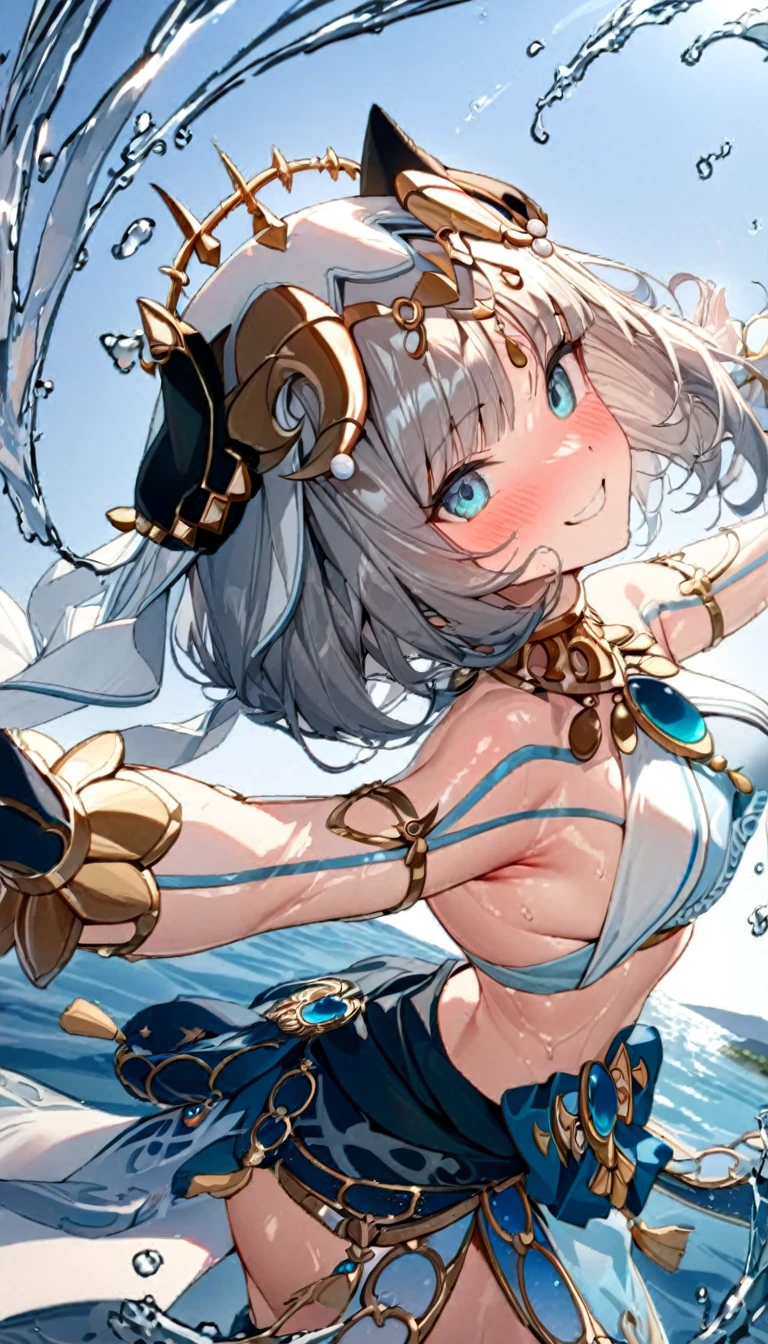 (((best quality)), ((masterpiece)), (details), masterpiece, best quality, high quality, ulutra detailed, perfect face, ((1girl, blue eyes, cat ears: 1.3 silver bob hair: 2.5,)) 、Shiny Hair、Glowing Skin、blush、nilou、lake、Splash、dance、smile