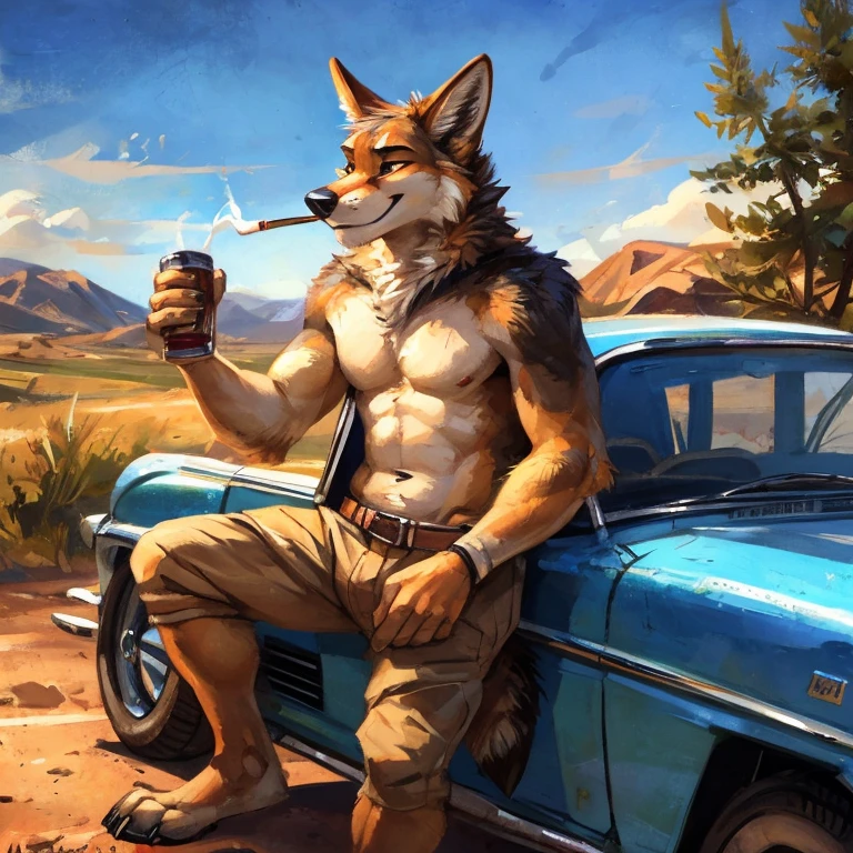 Solo, Coyote, driving a classic car, On Route 66, smoking, drinking beer, Shirtless, By mystikfox61, By kenket