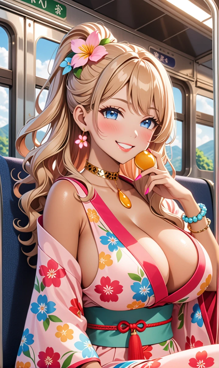 ultra-detailed, ((one girl)),  (tan skin:1.4), in pastel colors gyaru, (heavy makeup), (professional lighting) hyper detailed, absurdres, 8k, Beautiful Face, (Laugh shyly), ((teasing smile:1.6)), ((happy smile:1.5)),  ((Wink:1.6)), (Laugh with your mouth wide open),((Tilt your face:1.6)), View your viewers, ((Bright red cheeks:1.6)),Glossy shocking pink lips, ((huge breasts:1.6)),  ((undressing)), noon, summer, on the train, Anime style background)),masterpiece, Highest quality, (Brighten your face), so beautiful,Latest, Complex details, ((fluorescent pink long nail:1.2)), (ring),((bracelet)), ((Floral choker)),AI-generated, Complex,High resolution, Highest quality, super high quality,3D Images、3D Images,One person, honey blond long hair) ,(High Ponytail), (wavy hair:1.4), Anime woman posing for a photo, ((Fine grain、blue eyes、glowing eyes:1.3)), (Squint your eyes:1.1),a hyperRealistic , hyperRealistic , Realistic,Anime woman with long honey blonde hair, Smooth anime CG art, A girl in a gorgeous pastel-colored kimono, ((Pastel-colored furisode)),(Pink large floral pattern),  (sideboob), Long flower hair ornament,Big earrings, Mature Body, tall,Narrow waist, portrait, (Sit in your seat), (learning forward:1.0), (Eating a ekiben:1.2),