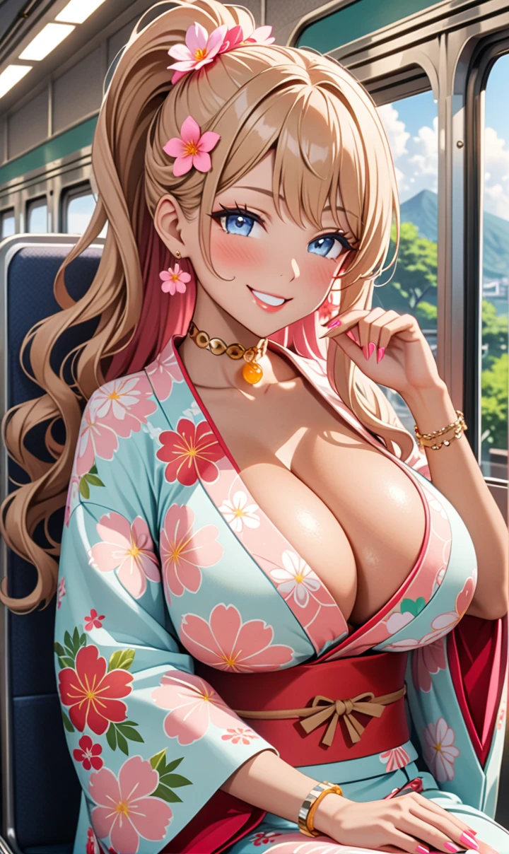 ultra-detailed, ((one girl)),  (tan skin:1.4), in pastel colors gyaru, (heavy makeup), (professional lighting) hyper detailed, absurdres, 8k, Beautiful Face, (Laugh shyly), ((teasing smile:1.6)), ((happy smile:1.5)),  ((Wink:1.6)), (Laugh with your mouth wide open),((Tilt your face:1.6)), View your viewers, ((Bright red cheeks:1.6)),Glossy shocking pink lips, ((huge breasts:1.6)),  ((undressing)), noon, summer, on the train, Anime style background)),masterpiece, Highest quality, (Brighten your face), so beautiful,Latest, Complex details, ((fluorescent pink long nail:1.2)), (ring),((bracelet)), ((Floral choker)),AI-generated, Complex,High resolution, Highest quality, super high quality,3D Images、3D Images,One person, honey blond long hair) ,(High Ponytail), (wavy hair:1.4), Anime woman posing for a photo, ((Fine grain、blue eyes、glowing eyes:1.3)), (Squint your eyes:1.1),a hyperRealistic , hyperRealistic , Realistic,Anime woman with long honey blonde hair, Smooth anime CG art, A girl in a gorgeous pastel-colored kimono, ((Pastel-colored furisode)),(Pink large floral pattern),  (sideboob), Long flower hair ornament,Big earrings, Mature Body, tall,Narrow waist, portrait, (Sit in your seat), (learning forward:1.0), (Eating a ekiben:1.2),