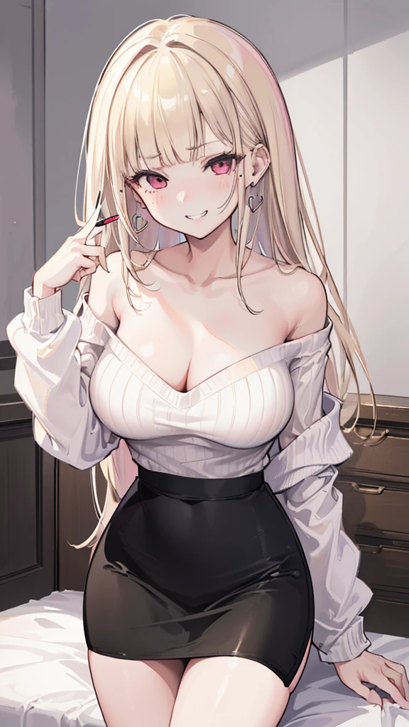 (8K、Highest image quality、highest quality、masterpiece)、detailed face、 1 girl、nakamura misaki (nanae), light blonde hair, blunt bangs, long hair, pink eyes, heart shaped earrings, mole under eye、evil smile、((grin))、big breasts、((white sweater))、((off shoulder))、strapless、cleavage、((black pencil skirt))、cowboy shot、bedroom background