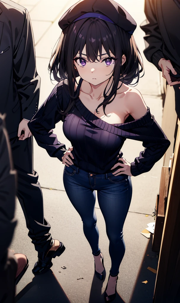 Takiuchikami, Long Hair, bangs, Black Hair, (Purple eyes:1.2),Baseball hats,Blue one-shoulder sweater,Skinny jeans,Stiletto heels,Place one hand on hip,Are standing,whole bodyがイラストに入るように,Daytime,
break outdoors, Building district,
break looking at viewer, whole body,
break (masterpiece:1.2), Highest quality, High resolution, unity 8k wallpaper, (figure:0.8), (Beautiful attention to detail:1.6), Highly detailed face, Perfect lighting, Highly detailed CG, (Perfect hands, Perfect Anatomy),