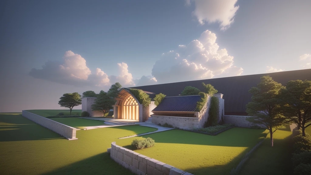 there is a building with a lot of trees, stone roof, architectural visualisation, perspective view, architecture visualisation, architectural illustration, architectural concept, architecture render, 3 / 4 view, 3/4 view, detail render, conceptual, rendering, detailed rendering, conceptual rendering, establishing shot, 3 d perspective, masterpieces