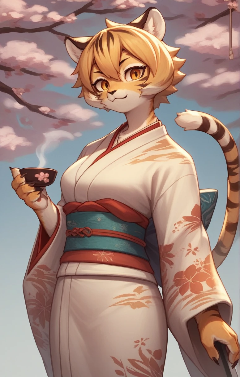 ((masterpiece,cute,Tiger Girl,kimono,A Cup,Fighter)),((Sword in right hand,The left hand is bare hand)),alone,kemono,Cat girl,Female furry,Background crop,humanoid cheetah,Fantasy,