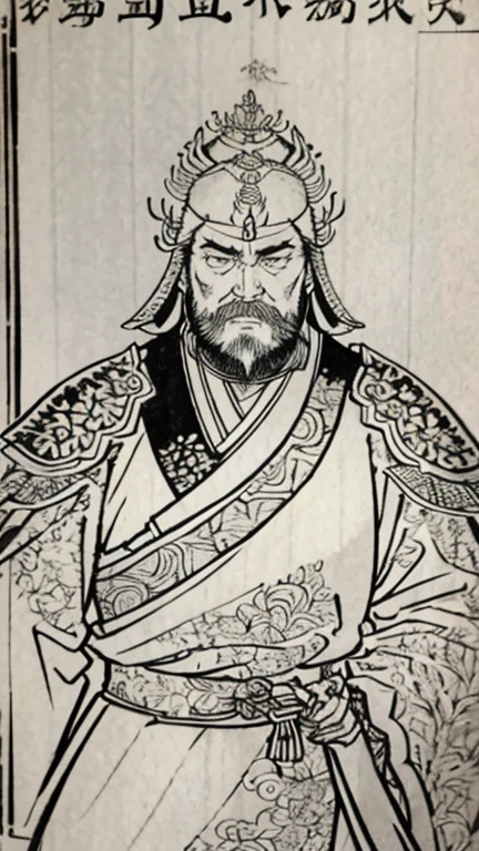 Man with angry face、（（（Monochrome））、（（Men in ancient China））、（Ink Painting）、Highest quality、masterpiece、Ultra-high resolution、(Realistic:1.4)、Game Poster、Three Bearded Kingdom Men,Oriental、As seen in the Three Kingdoms々military commander、Crisp and beautiful image quality ,(((metal armor, metal dragon head on the shoulder, Holding a sword, (Skin of color, ), (metal armor with intricate pattern:1.2)))、 gloves, Long trousers, (Very detailed, bloom:1.5), (Highest quality, Concept Art, 4K), (analog:1.2), (high sharpness), (Detailed pupil:1.1),, Detailed face and eyes, masterpiece, Highest quality, (Very detailed:1.1), 8k, photoRealistic, (PurerosFace_v1:0.2), [:(Detailed face:1.2):0.2], sharp, Realistic, Realistic Shadow, 