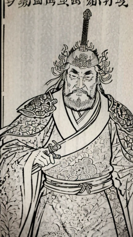 Man with angry face、（（（Monochrome））、（（Men in ancient China））、（Ink Painting）、Highest quality、masterpiece、Ultra-high resolution、(Realistic:1.4)、Game Poster、Three Bearded Kingdom Men,Oriental、As seen in the Three Kingdoms々military commander、Crisp and beautiful image quality ,(((metal armor, metal dragon head on the shoulder, Holding a sword, (Skin of color, ), (metal armor with intricate pattern:1.2)))、 gloves, Long trousers, (Very detailed, bloom:1.5), (Highest quality, Concept Art, 4K), (analog:1.2), (high sharpness), (Detailed pupil:1.1),, Detailed face and eyes, masterpiece, Highest quality, (Very detailed:1.1), 8k, photoRealistic, (PurerosFace_v1:0.2), [:(Detailed face:1.2):0.2], sharp, Realistic, Realistic Shadow, 