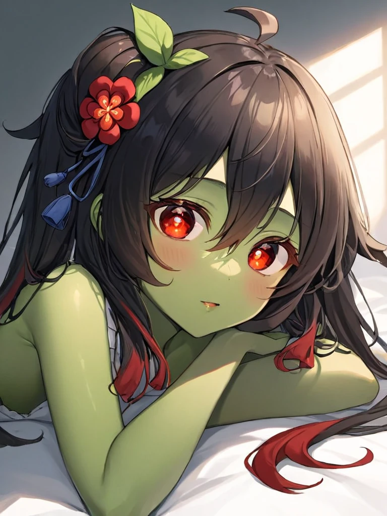 Extremely detailed,(best quality),((masterpiece)),(high resolution),The original,hutao,1 Girl,Solitary,flower,Red Eyes,hair flower,Hair accessories,Symbol-shaped pupil,Alternative hairstyle,Hang down your hair,flower-shaped pupils，Black hair，Skin of color，Green Skin，Green Skin，whole body，Green Skin，Zombification，Green Skin，Sitting on the bed