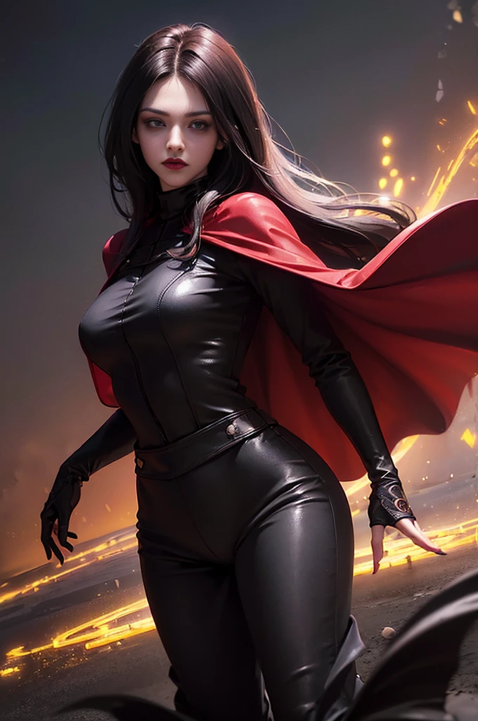(skindentation:1.5), Realistic, Photorealistic, (masterpiece:1.5), concept art, intricate details, highly detailed, photorealistic, octane render, 8k, unreal engine, dynamic pose, best quality, highres, (realistic face:1.1), (hyperrealistic:1.1), (((full_body))), perfect eyes,(shiny skin:1.2), (((hairstyle))), (((perfect handtremely detailed background), ((dynamic background)), ((1girl)), (((wearing black jumpsuit, dark red long wizard cape))), ((detailed eyes, high quality eyes, high quality face)), (extremely intricate cape), long black hair, dramatic, depth of field, bokeh, 4k, (((underworld))), ((standing pose)), (((black magic witch))), (((fierce eyes)))
