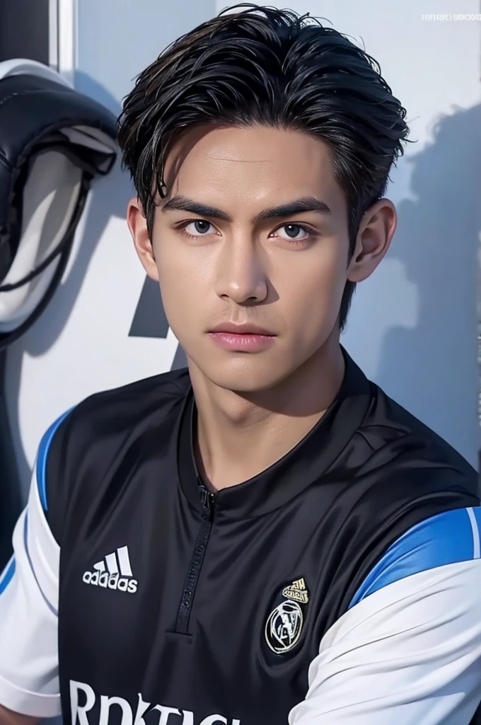 {{{FC Barcelona}}}, light, {{nike soccer jerseys}}, {{{best quality}}}, {{{realistic}}}, Detailed facial description, realistic 눈동자, {{2 handsome men}}, realistic 유니폼 주름, well proportioned, {{{Real Madrid}}}, {{{adidas soccer jersey}}}, {{{glaring at each other}}}, {{{soccer stadium}}}, football