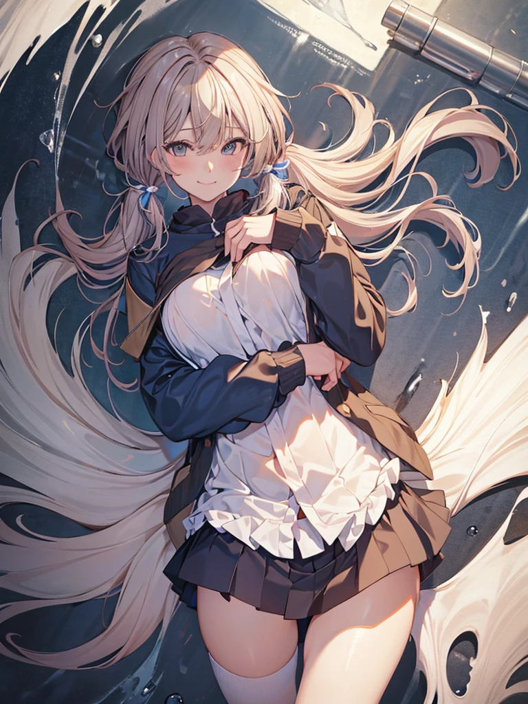 (NSFW), Masterpiece, Highest Quality, Official Art, (Highly Detailed CG Unity 8k Wallpaper), Detailed Background, (The Hands of Guido Daniele: 1.1),cowboy shot, 1, An Attractive and Perfect Beautiful Woman, Female Student, JK, Female Student Uniform, Wet Day, Lots of Rain, The Wind is Strong, (Curvaceous), (White Thighs: 1.12), (blue Long Hair: 1.12), (Ahoge: 1.13), (low twin tail hair: 1.12), light smile ,panty shot,
